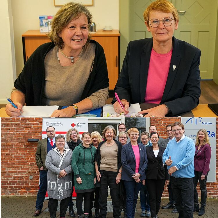 oben von links: Brücke-Vorständin Heike Rullmann und DRK-Vorstandssprecherin Anette Langner heute in Rendsburg unten das Team von Brücke und dem Vorstandsvorsitzenden des DRK-Kreisverbandes Rendsburg-Eckernförde Thomas Stritzl.